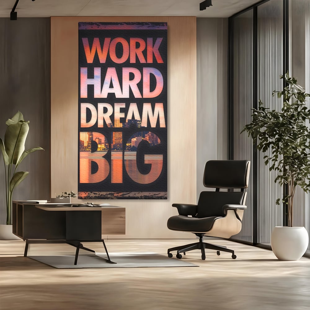 Tablou canvas cu tablou motivational cu peisaj urban nocturn, fara rama, pe sasiu de lemn, pe perete intr-un birou